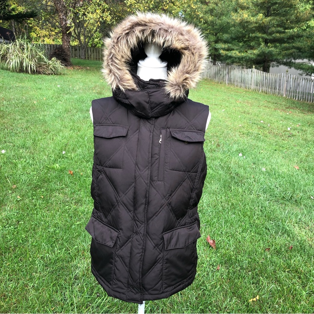 Lands End Chocolate Brown Down Puffer Vest Hooded Faux Fur Retro S